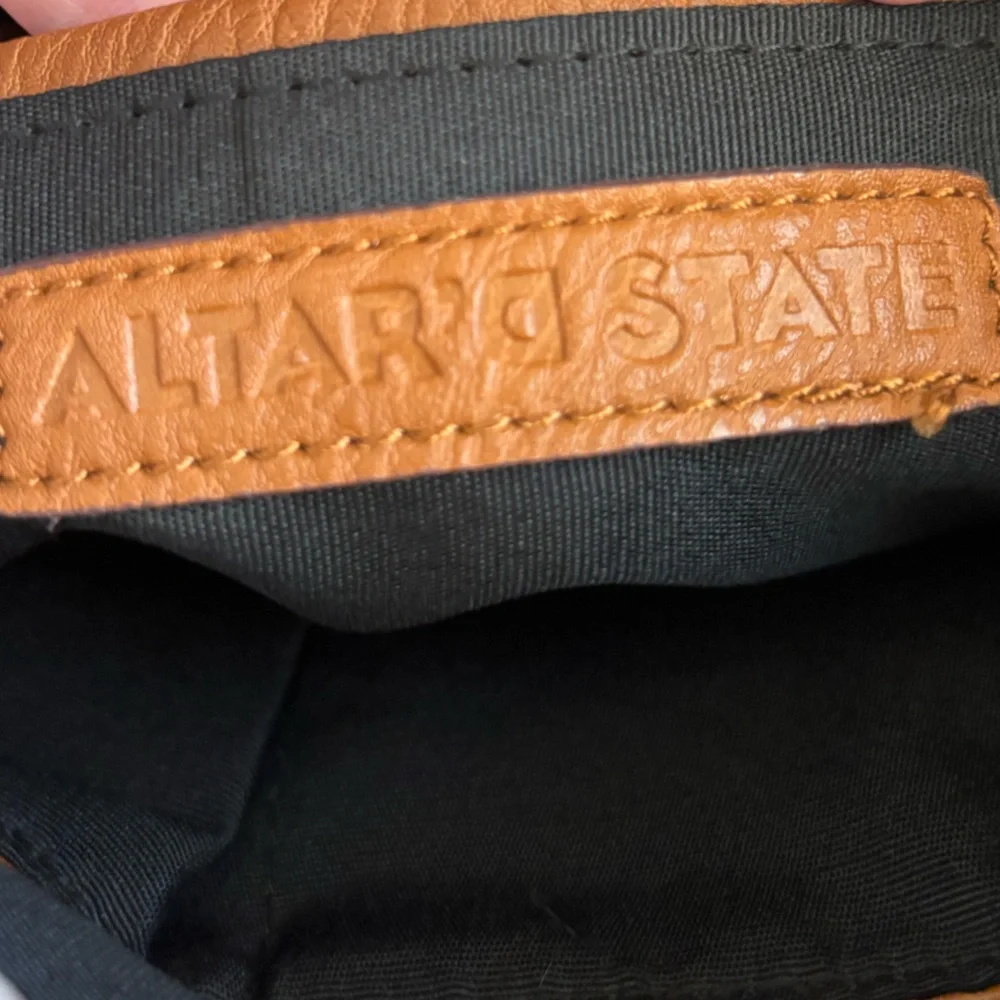 Altar’d State tote bag, pleather, tan color, black lining, zipper